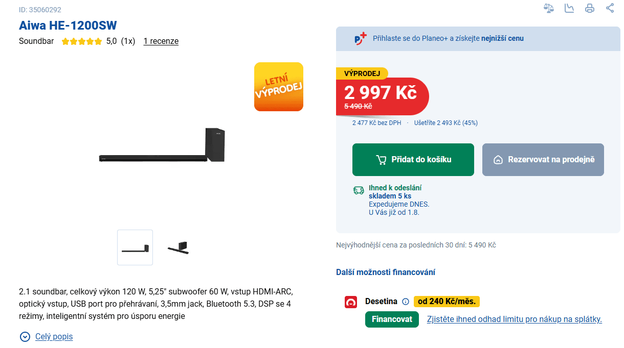Soundbar Aiwa 2.1, 120 W, subwoofer