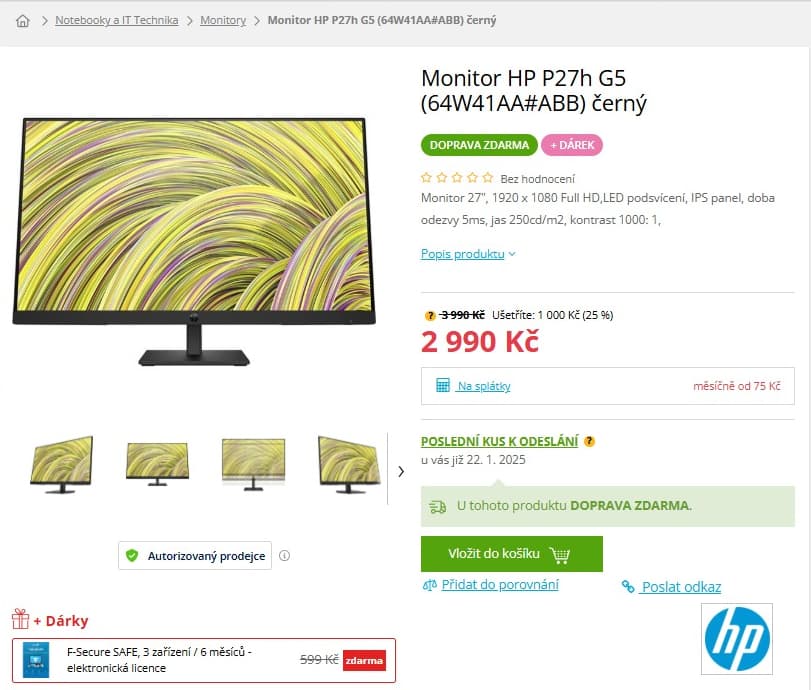 Full HD PC monitor HP, 27", repro