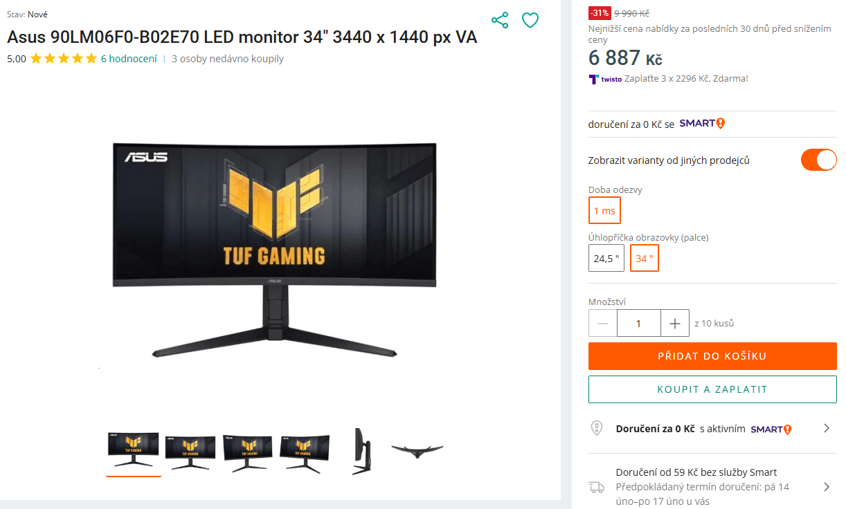 Prohnutý PC monitor Asus 34", repro, QHD
