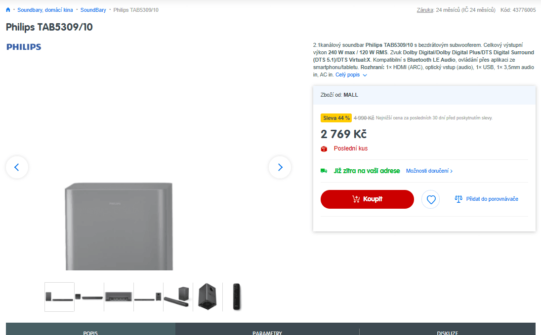 Soundbar Philips 2.1, 240W, subwoofer