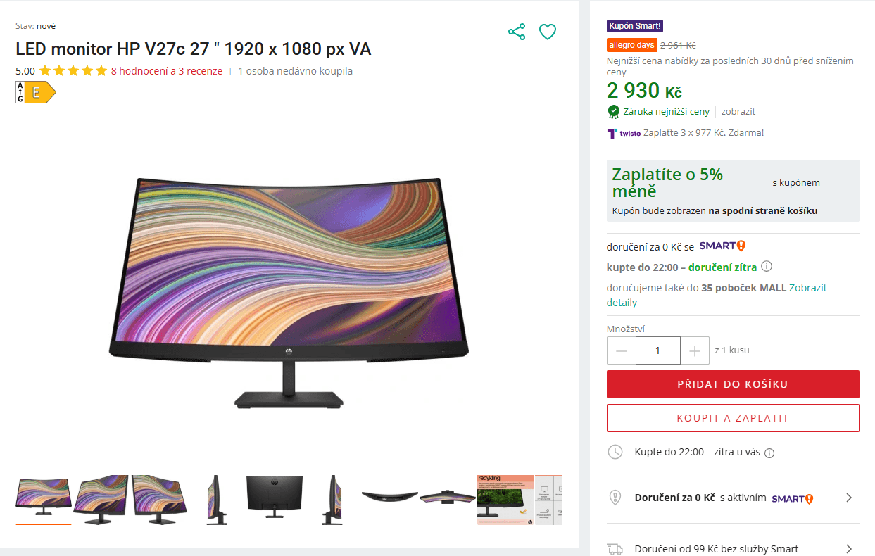 FHD curved PC monitor HP 27", repro