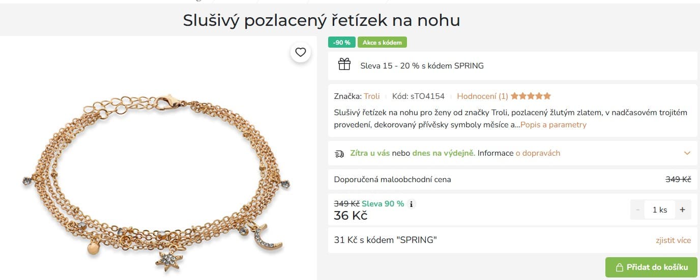 Řetízek na nohu Troli, 21 cm, pozlacený