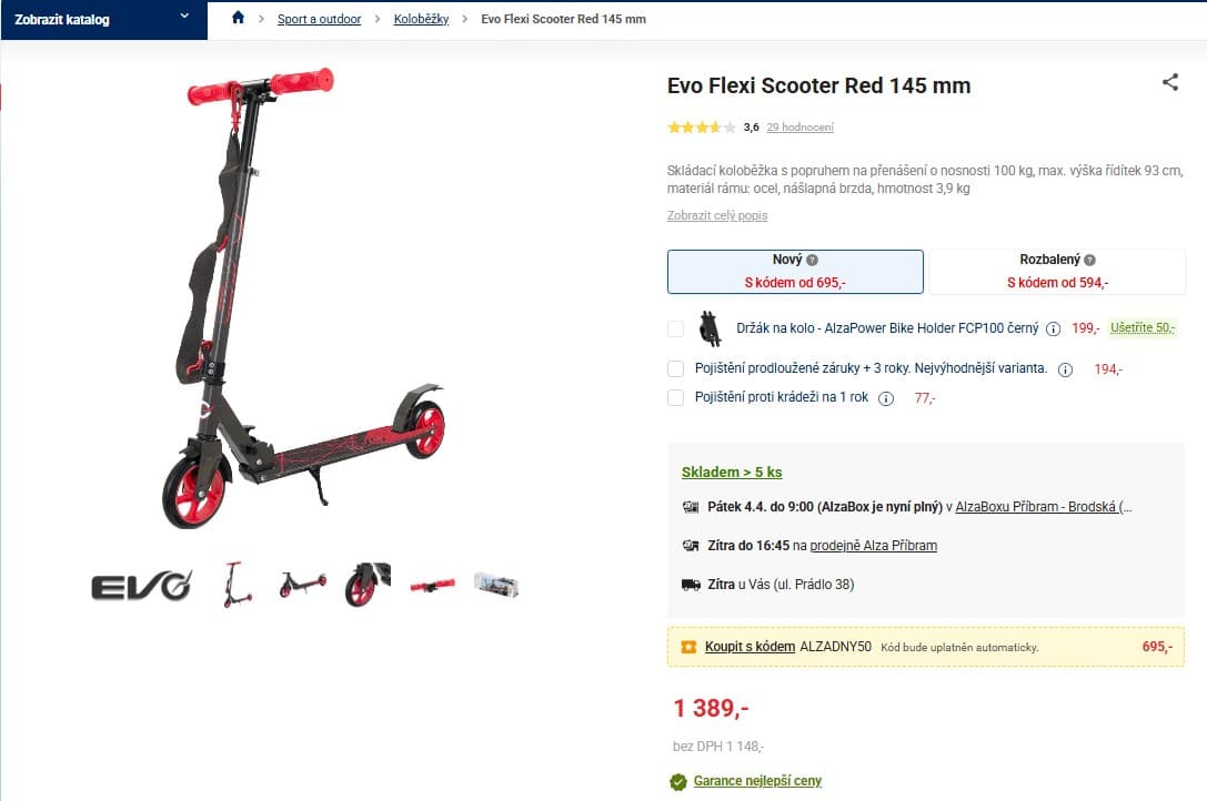Skládací koloběžka Evo Flexi Scooter Red 145