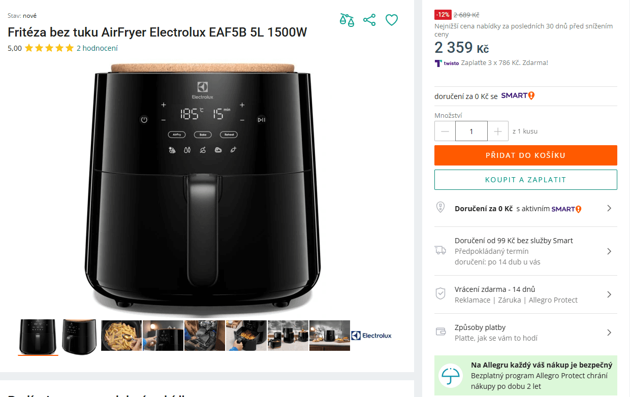 AirFryer Electrolux 5 l., 8 programů
