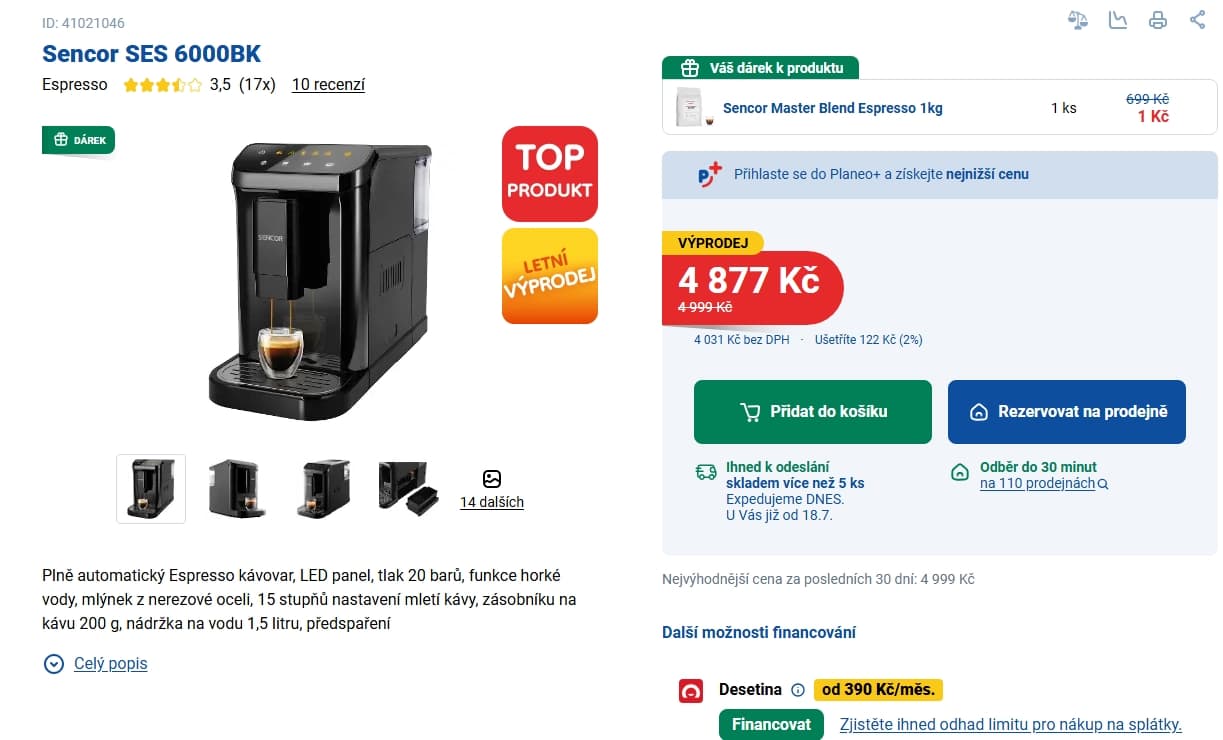 Plnoautomat espresso Sencor, mlýnek