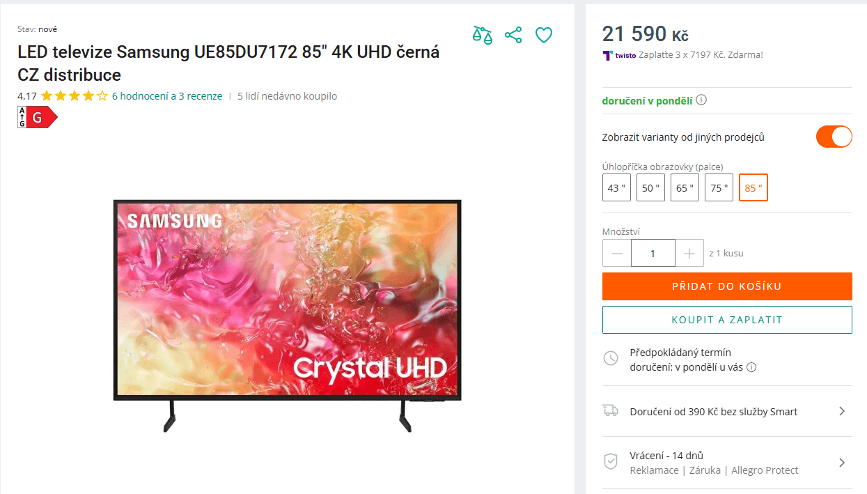 4K Smart TV 216 cm, Samsung