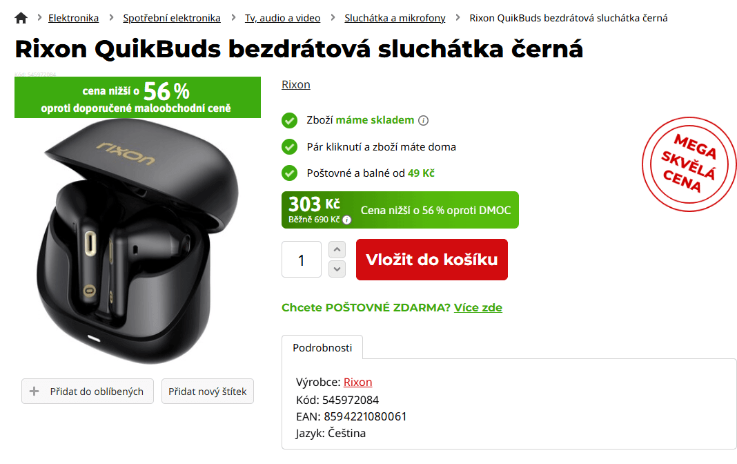 BT sluchátka Rixon 44 hod