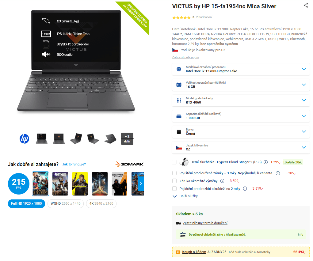 HP i7 5GHz, 16/1000, Nvidia 8GB, 15,6"