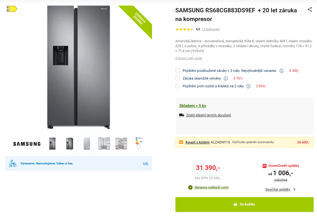 Americká lednice Samsung, led, voda, 178cm