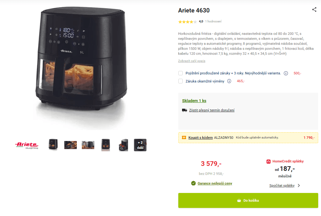 Horkovzdušná fritéza Ariete 9l.