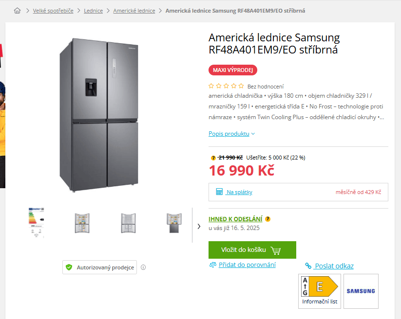 Americká lednice Samsung, 329/159 l, voda, led
