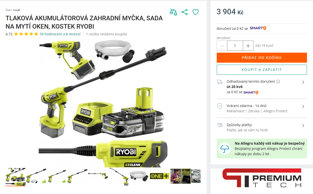 Aku tlakový čistič Ryobi + mytí oken