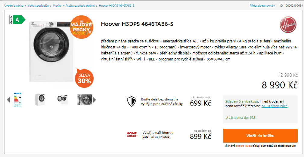 Pračka/Sušička Hoover 6/4kg, 1400ot., Wifi