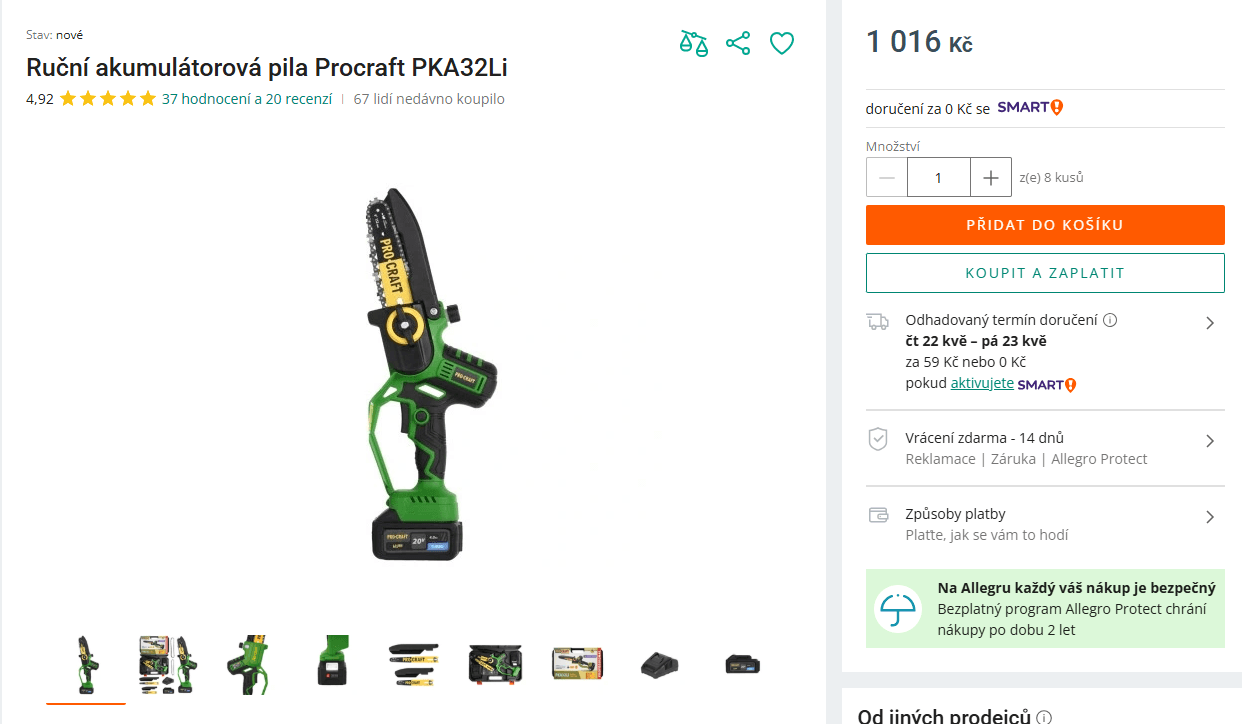 Ruční AKU řetězová pila Procraft, vybavení, 1,9kg