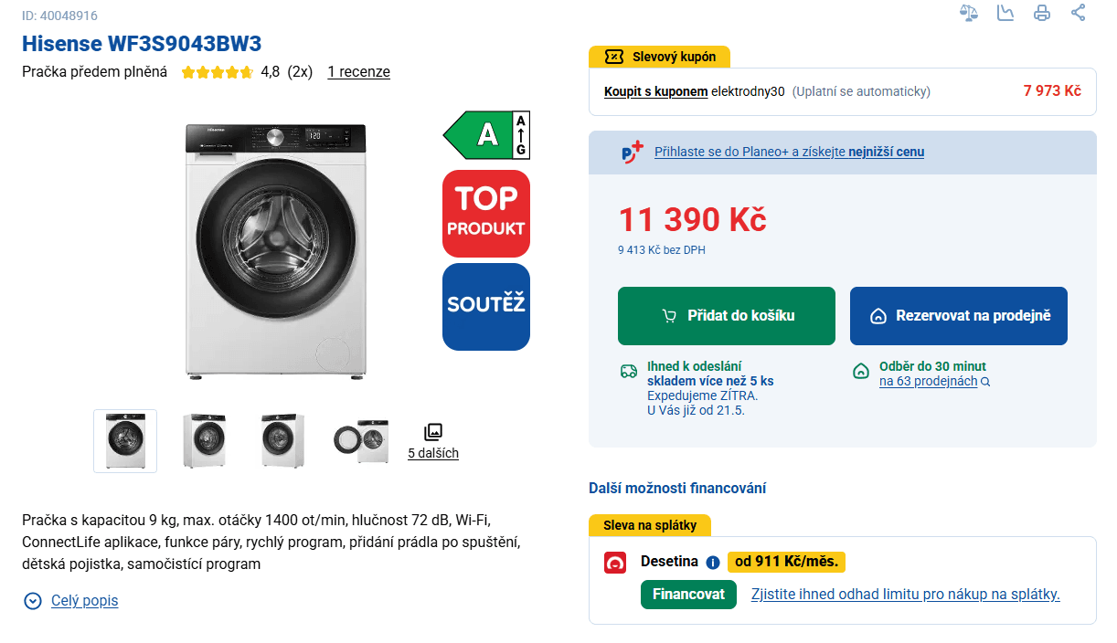 Parní pračka Hisense 9kg, 1400, Wifi, A
