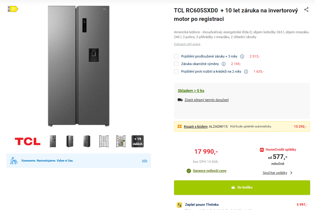 Americká lednice TCL, voda, TNF, 185cm