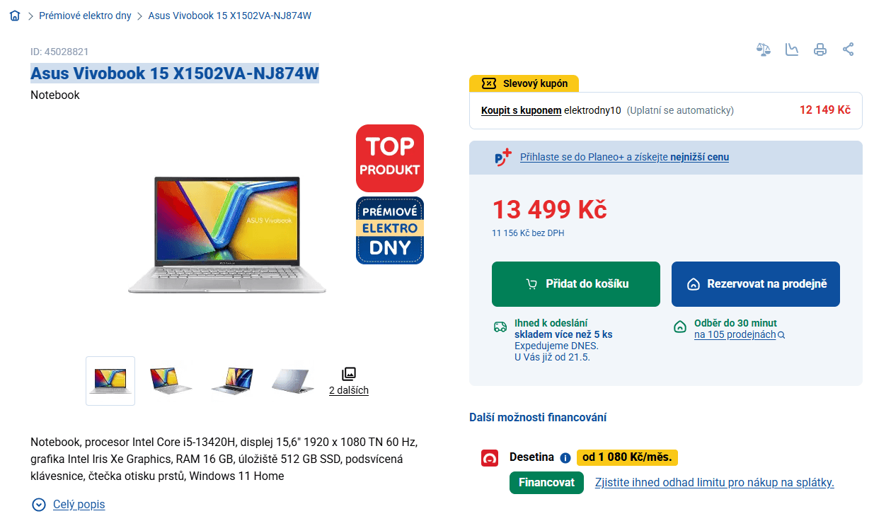 Asus i5 4,6GHz, 16/512GB, 15,6", 1,7kg