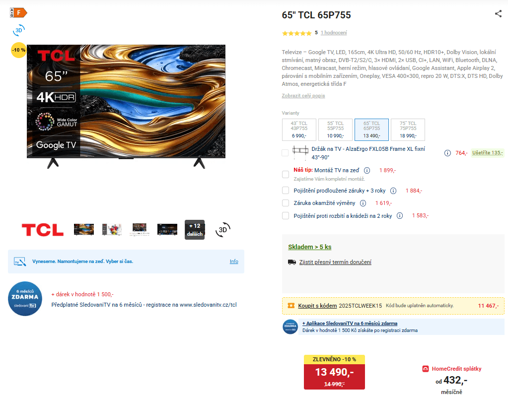 4K Google TV, Atmos, 165cm, TCL