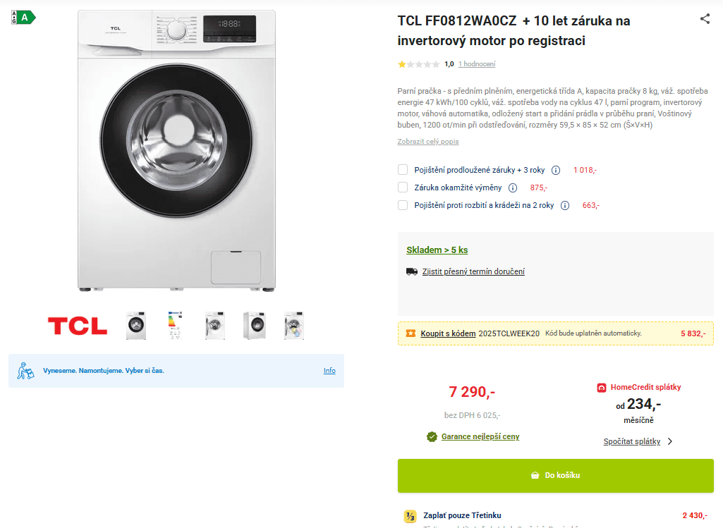 Parní pračka TCL 8kg, 1200ot., A, AddWash