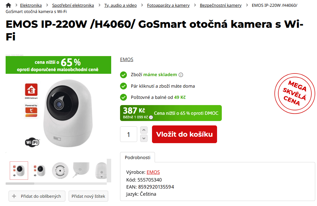 Otočná IP kamera Emos, 4Mpx, detekce, pohyb, Wifi