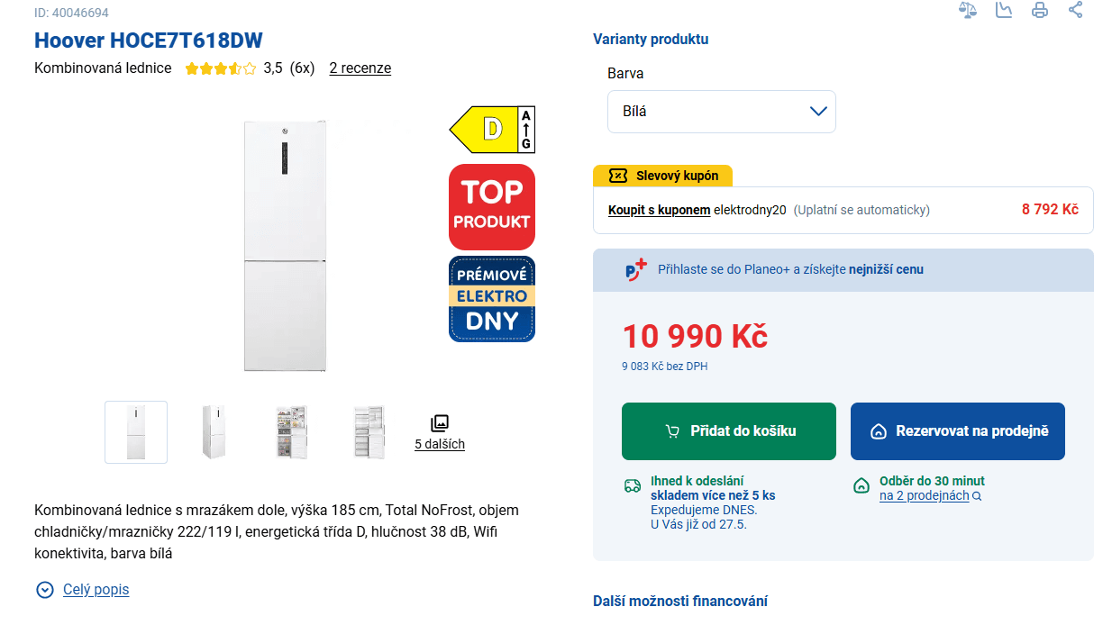 Lednice Hoover, total no frost, Wifi, 185cm