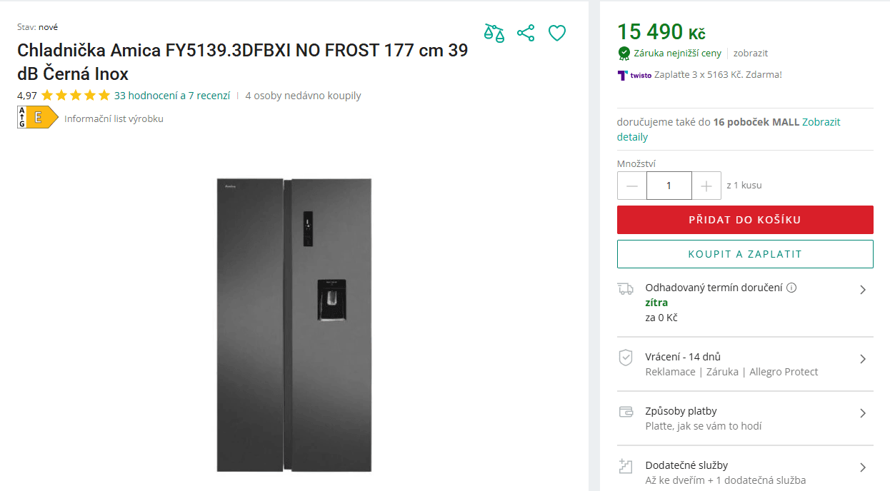 Americká lednice Amica, led, voda, 177cm