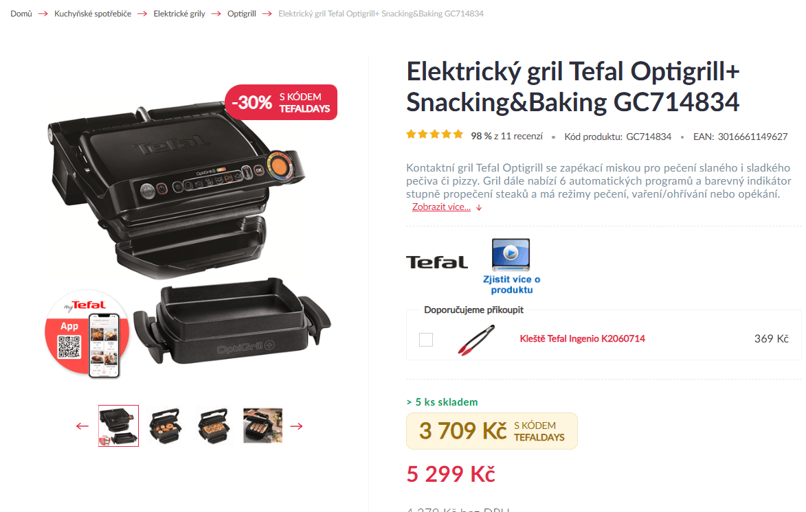 Kontaktní gril TEFAL Optigrill+ se zapékací miskou