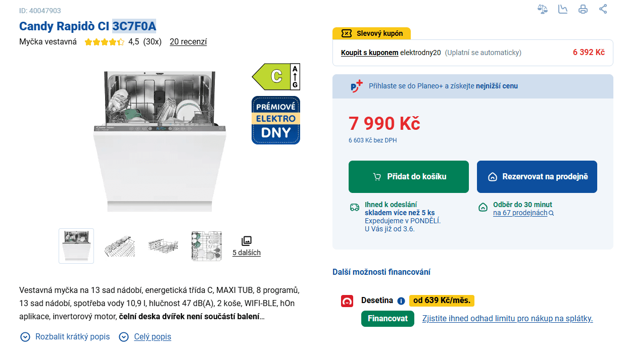 Myčka nádobí Candy 13 sad, Wifi