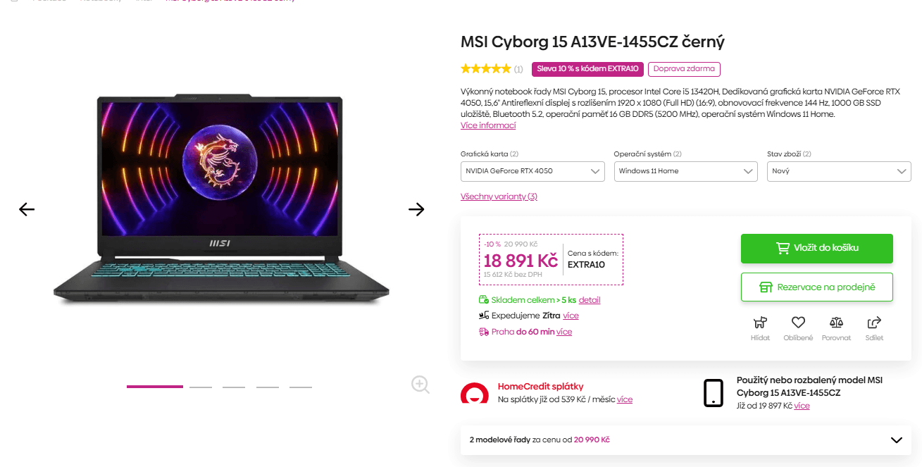 MSI i5 4,6GHz, 6GB Nvidia, 1TB SSD, 15,6"