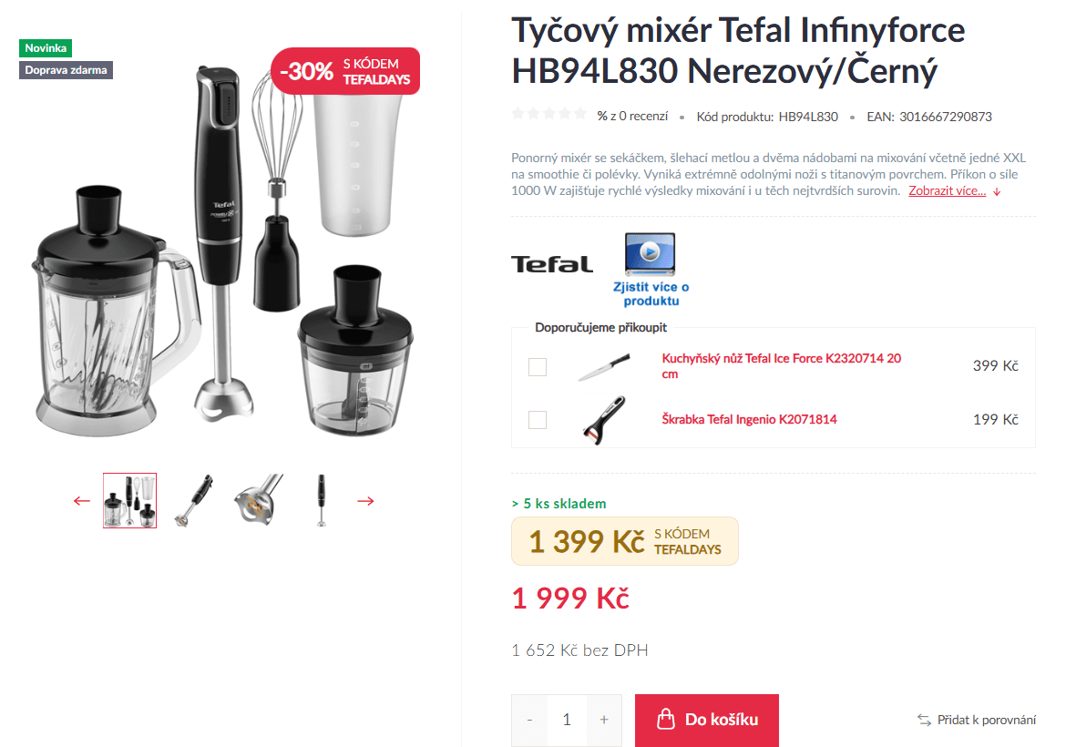 Tyčový mixér Tefal 4v1, led, sekání, mixování