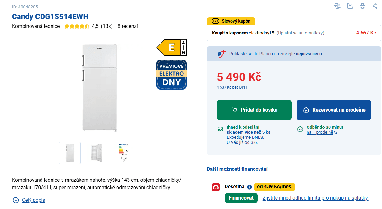 Lednice s mrazákem Candy, 143 cm