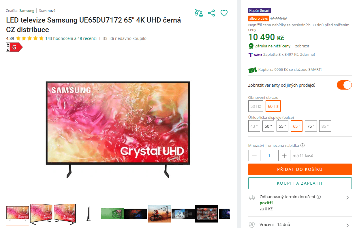 4K Smart TV 164 cm, Samsung