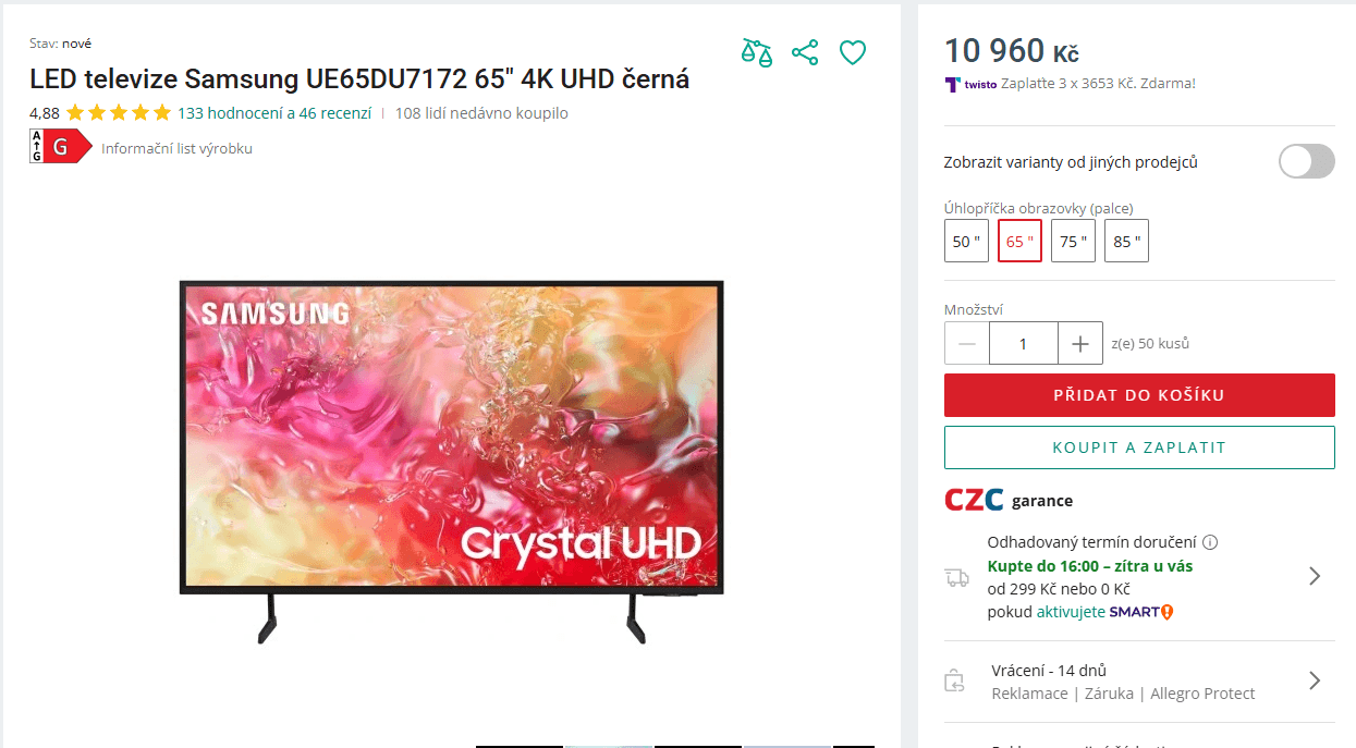 4K Smart TV 164 cm, Samsung