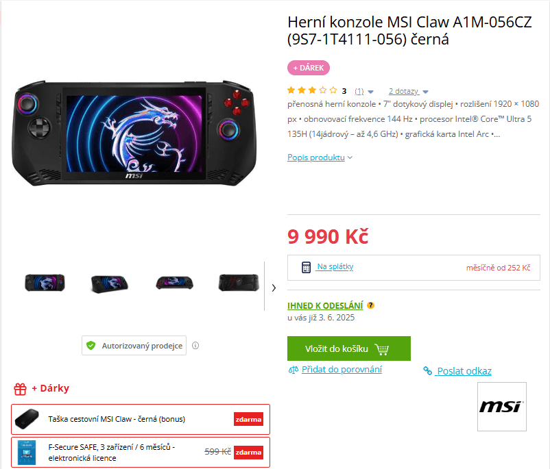 Herní konzole MSI Claw 4,6GHz, 7", 16GB RAM