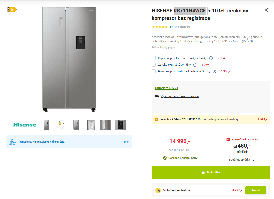 Americká lednice Hisense, voda, 179cm