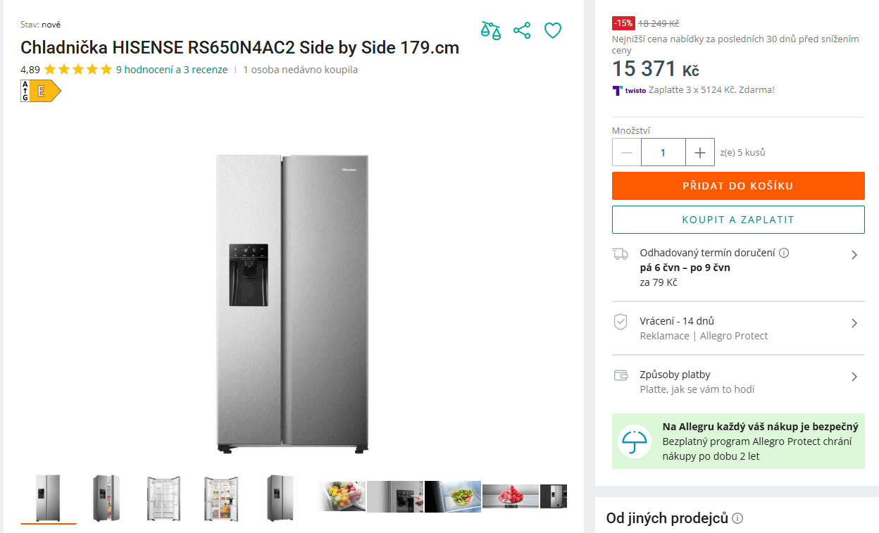 Americká lednice Hisense, led, voda, 179cm