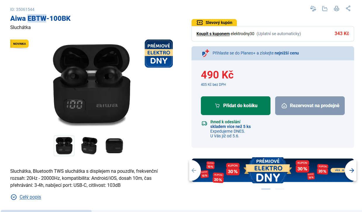 BT TWS sluchátka Aiwa