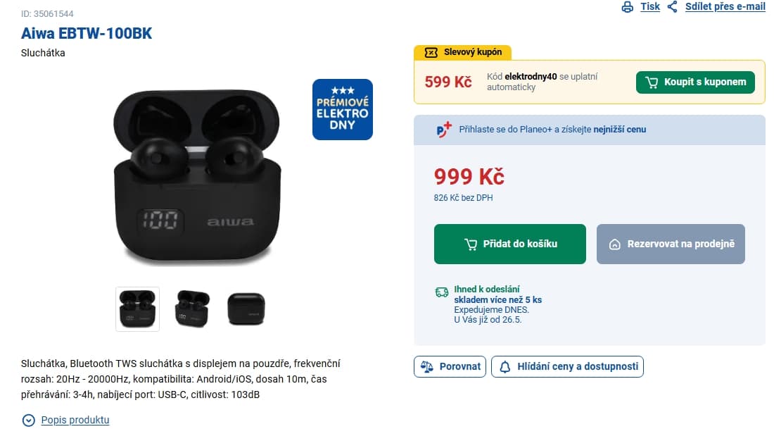 BT TWS sluchátka Aiwa