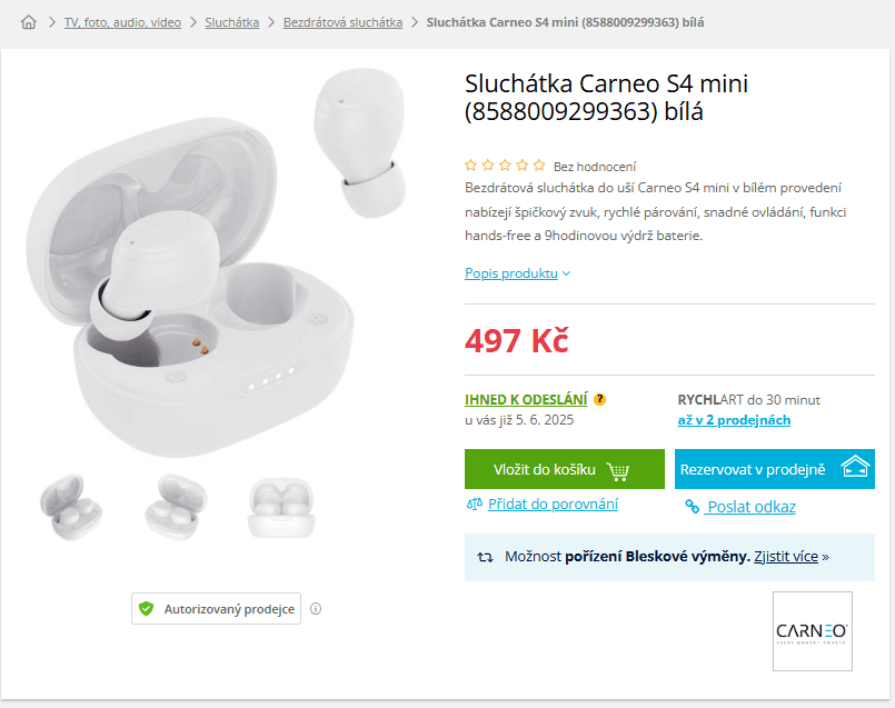 BT sluchátka Carneo TWS, 45 hod.