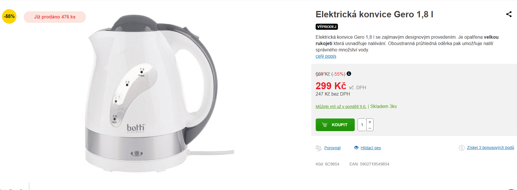 Rychlovarná konvice Gero 1,8 l 