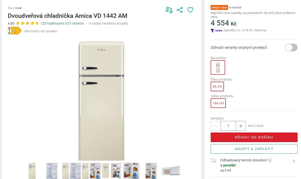 Lednice s mrazákem Amica 144cm