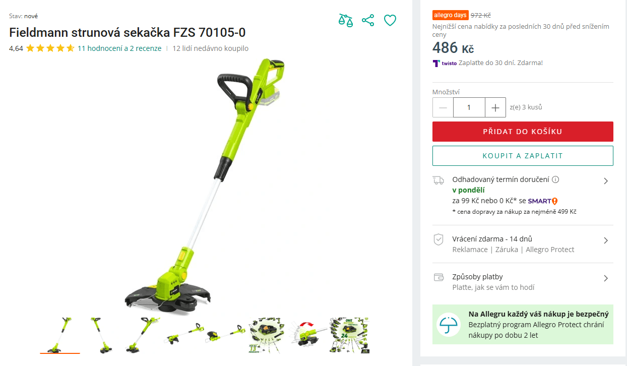 Aku strunová sekačka Fieldmann (bez AKU)