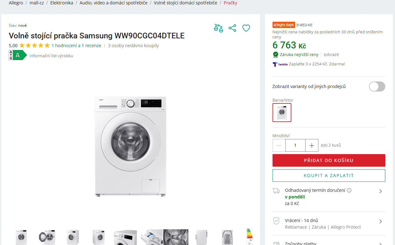 Parní pračka Samsung 9kg, 1400ot., technologie