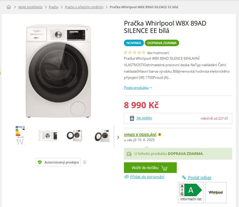 Parní pračka Whirlpool 8 kg, 1400ot., tichá