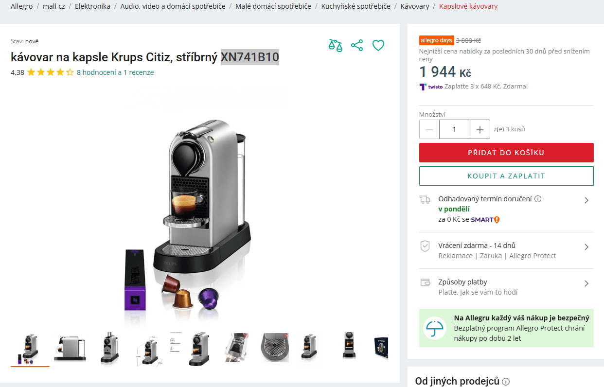Kávovar na kapsle Krups Nespresso Citiz
