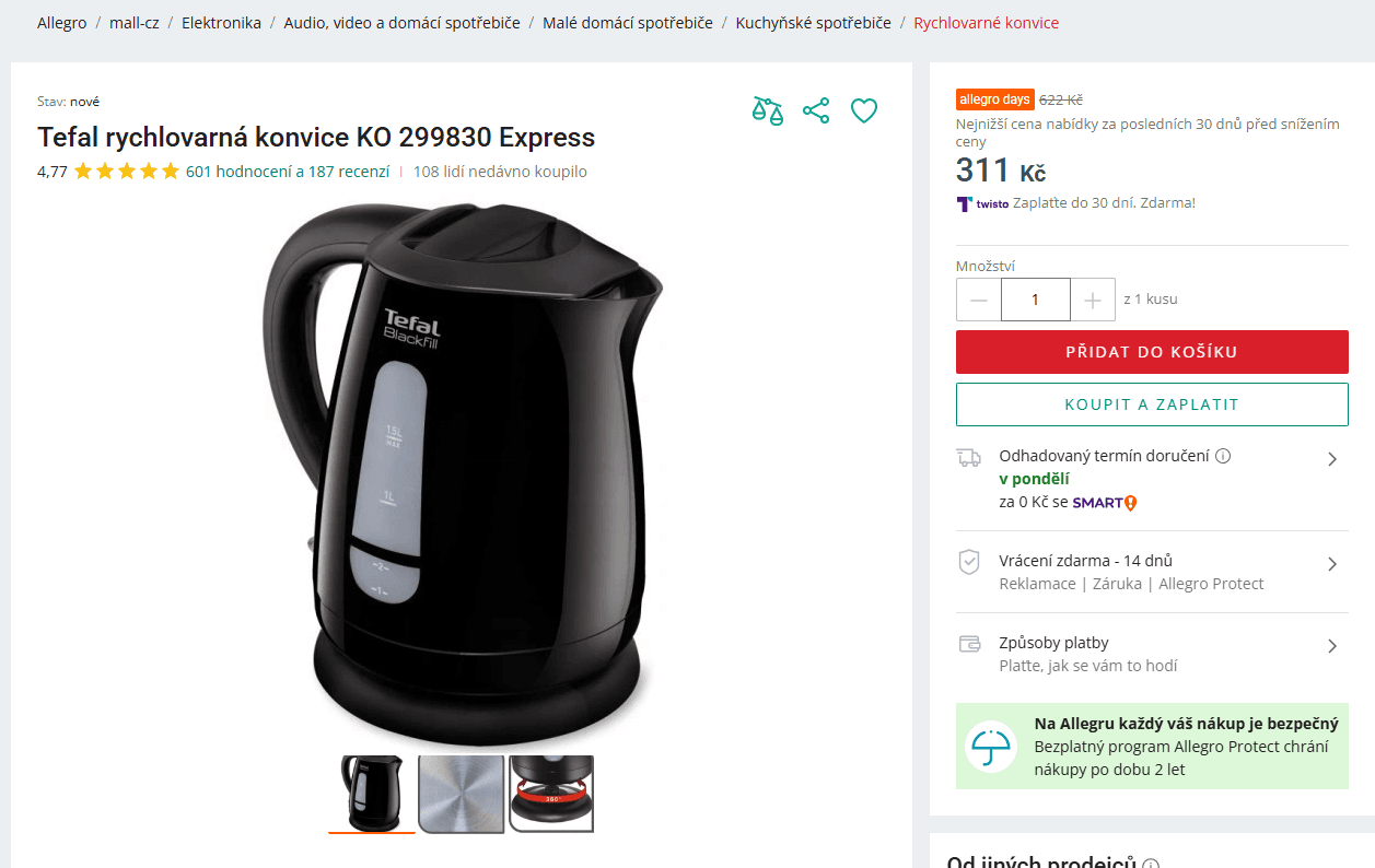 Rychlovarná konvice Tefal, 1.5, 2200W