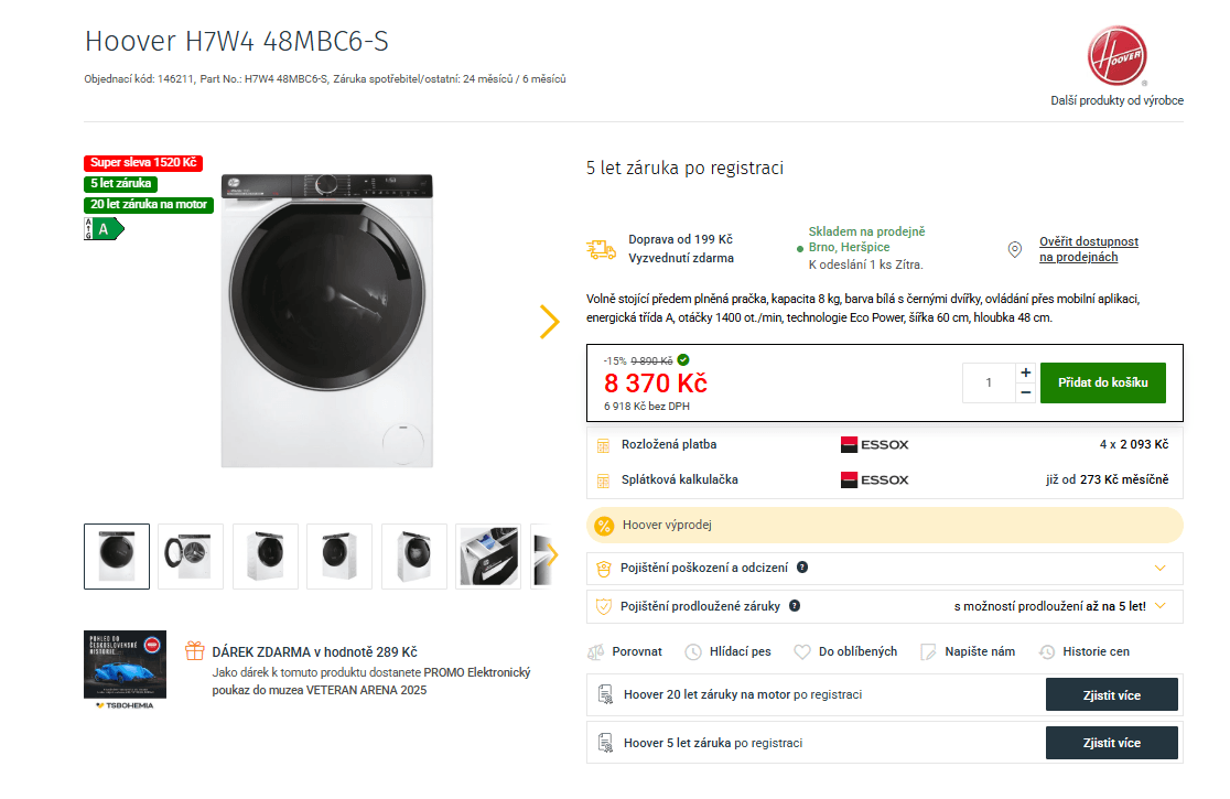 Parní pračka Hoover 8kg, 1400ot., slim, Wifi