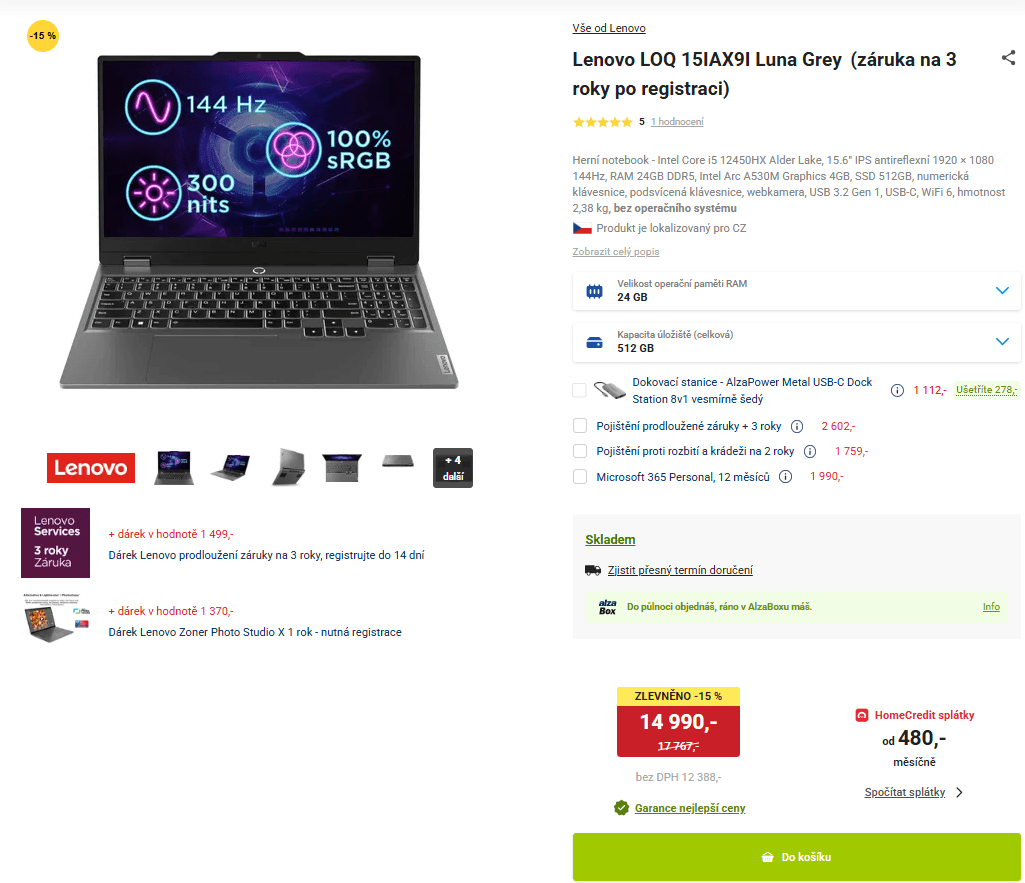 Lenovo i5 4,4GHz, 24GB RAM, 4GB grafika, 15,6"
