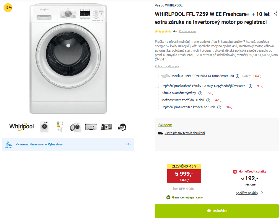 Pračka Whirlpool 7 kg, 1200 ot/min