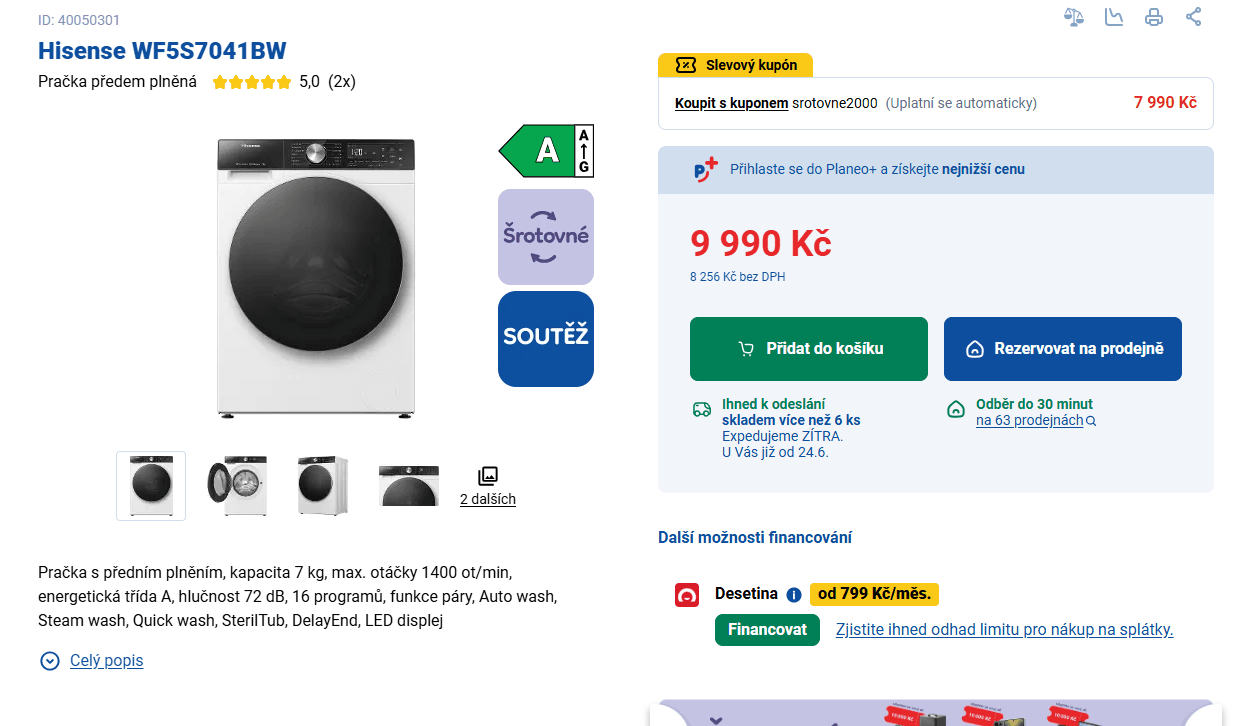 Parní pračka Hisense 7kg, 1400ot., A